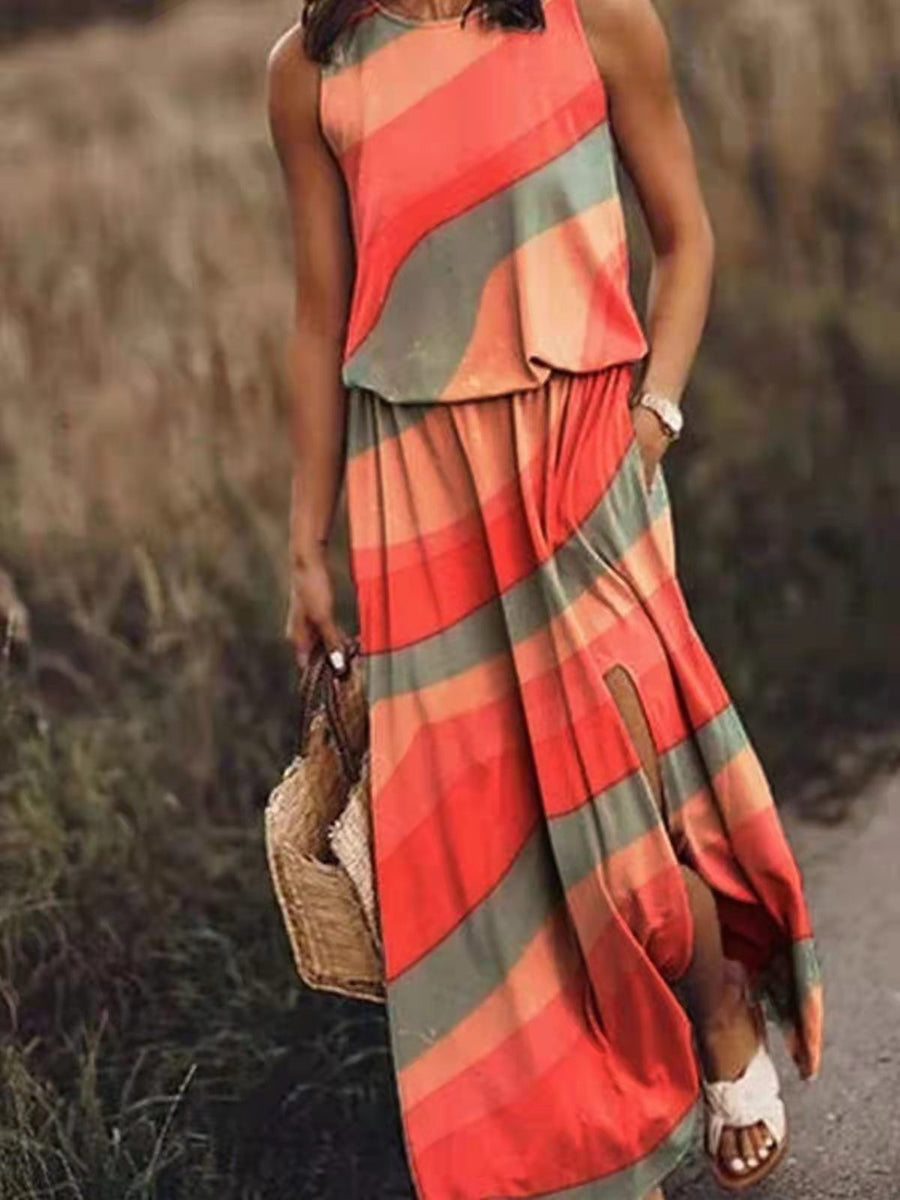 Sleeveless Stitching Printing Sling Long Women's Loose Split Dress