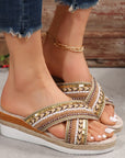 Linen Wedge Sandals Summer Ethnic Style Cross-strap Sandals For Women Non-slip Slides Beach Shoes