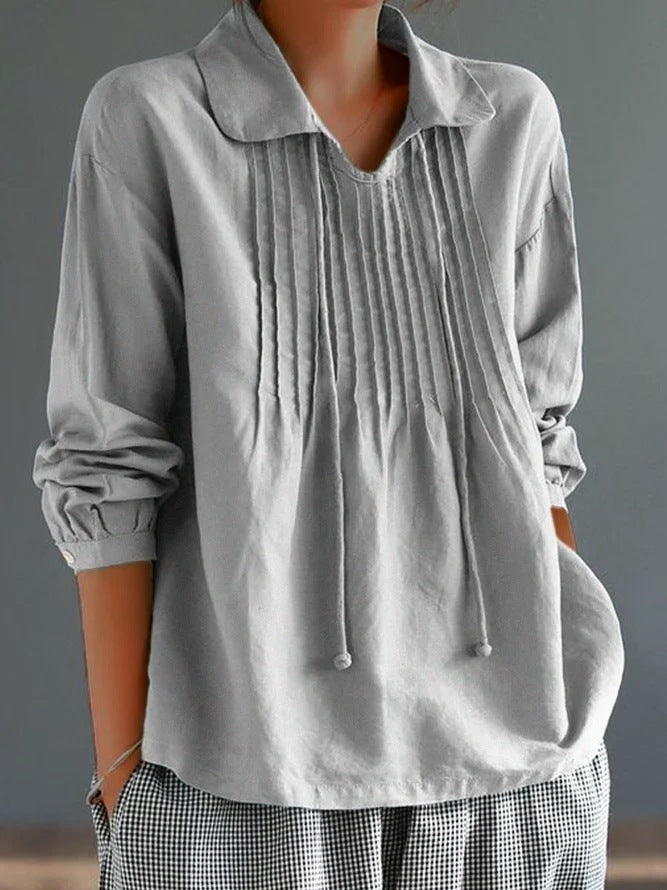 Loose Cotton And Linen Long Sleeve Women's Pleated Lapel Shirt