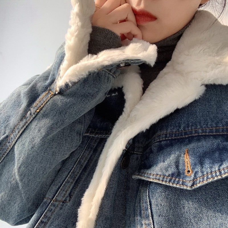 Plush Thick Lamb Wool Denim Jacket Women Short