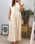 Short Sleeve Pleated Long Dress Summer Round Neck Dress Women's Clothing