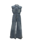 Leisure Washed-out Sleeveless Denim One-piece Wide-leg Pants Women