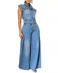 Leisure Washed-out Sleeveless Denim One-piece Wide-leg Pants Women