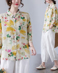 Women's Loose Retro Western Style Elegant Floral Cotton And Linen Shirt