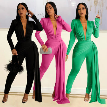 Women's Fashion Skinny V-neck Long Sleeve Jumpsuit