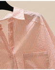 Pure Cotton Pink Striped Shirt Women's Artistic Fresh Batwing Sleeve Single Pocket Top