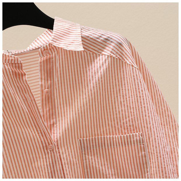 Pure Cotton Pink Striped Shirt Women's Artistic Fresh Batwing Sleeve Single Pocket Top