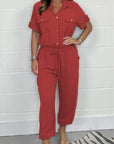 All-matching Solid Color Casual Polo Collar Shirt Wide Leg Jumpsuit For Women