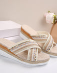 Linen Wedge Sandals Summer Ethnic Style Cross-strap Sandals For Women Non-slip Slides Beach Shoes