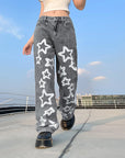 Five Pointed Star Printing Used Washed Jeans