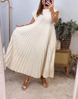 Short Sleeve Pleated Long Dress Summer Round Neck Dress Women's Clothing