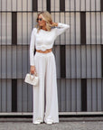 Casual Pleated Floral Long-sleeved Top & Pants Suit