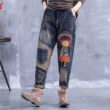 Ethnic Style Embroidered Retro Elastic Waist Jeans