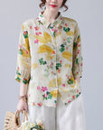 Women's Loose Retro Western Style Elegant Floral Cotton And Linen Shirt