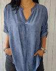 Women's Spring And Autumn V-neck Cotton And Linen Pure Plus Size Shirt