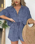 2pcs Loose Denim Suits Summer Casual Bat Sleeve Shirt And Drawstring Shorts With Pockets Women's Set