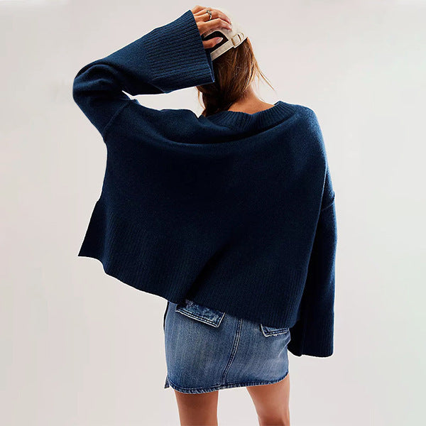 Solid Color Round-neck Flared Sleeves Pullover Sweater