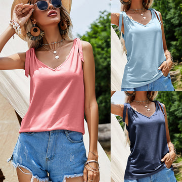 Women's Summer New Style V-Neck Casual Tie T-Shirt Top Women