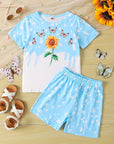 Girls Sunflower And Butterfly Pattern Short Sleeve Top Shorts Suit