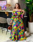 Women's Bubble Long Sleeve Printed Waist-controlled Temperament Long Dress