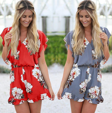 Printed V-neck Ruffled Shorts Suits