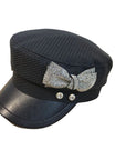 Splicing Socialite Flat Top Rhinestone Bow Navy Hat Female