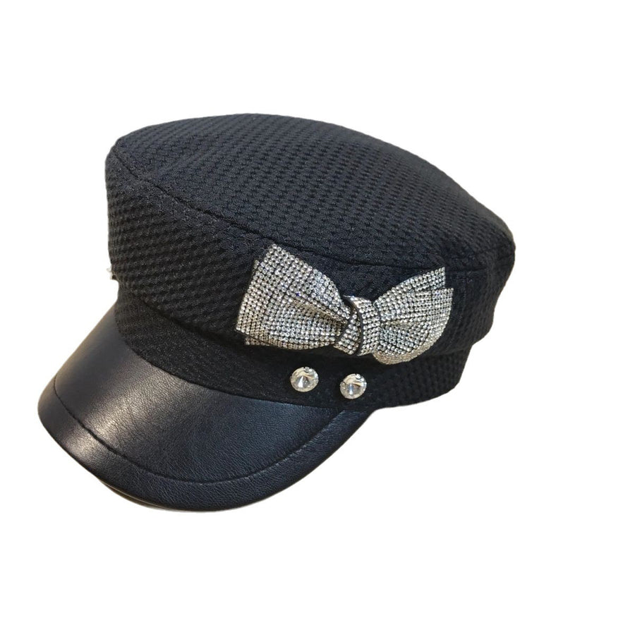 Splicing Socialite Flat Top Rhinestone Bow Navy Hat Female