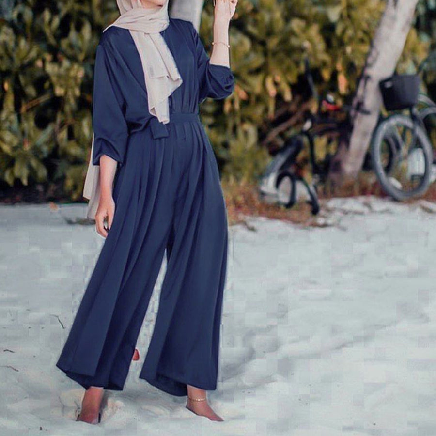 Plus Size Solid Casual Women Thicken Satin Long Sleeve Wide Leg Jumpsuit