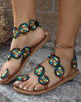 Ethnic Style Flowers Flat Sandals Summer Vacation Casual Clip Toe Beach Shoes For Women