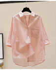 Pure Cotton Pink Striped Shirt Women's Artistic Fresh Batwing Sleeve Single Pocket Top