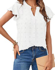 Women Summer V Neck Ruffle Short Sleeve Blouse Dot Flowy Shirt Top