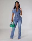 Denim Women's Washed Short-sleeved Jumpsuit