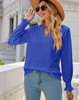 Solid Color Hollow-out Pleated Ruffle Shirts Sleeve V-neck Loose Long Sleeve Tops Women