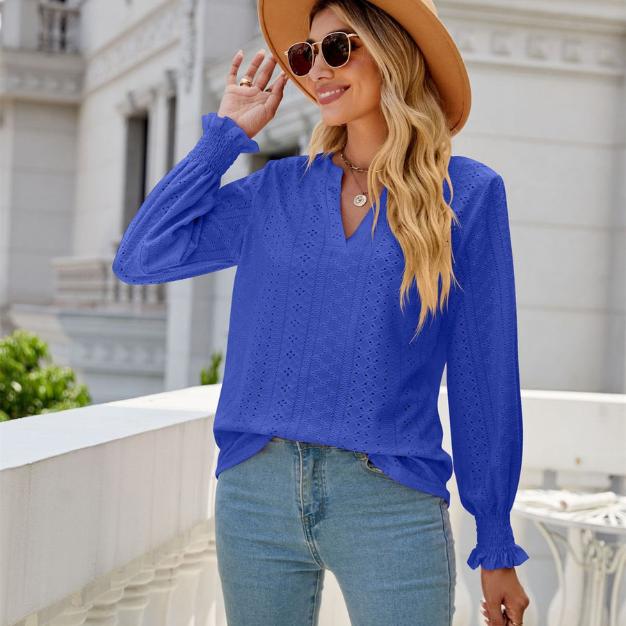 Solid Color Hollow-out Pleated Ruffle Shirts Sleeve V-neck Loose Long Sleeve Tops Women