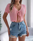 Lace-up Cutout Short-sleeved Knitted Cardigan