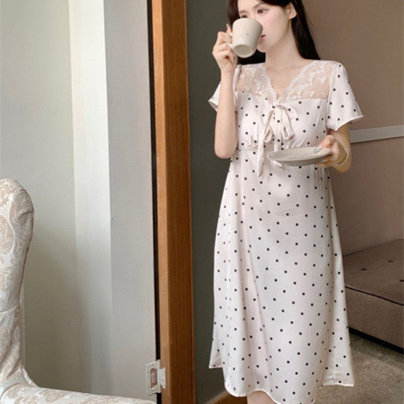 Summer Short Sleeve Ice Silk Polka Dot Lace Home Wear Nightdress