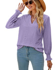 Solid Color Hollow-out Pleated Ruffle Shirts Sleeve V-neck Loose Long Sleeve Tops Women