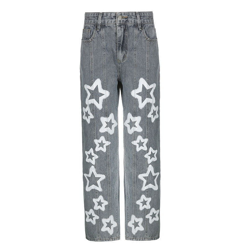 Five Pointed Star Printing Used Washed Jeans