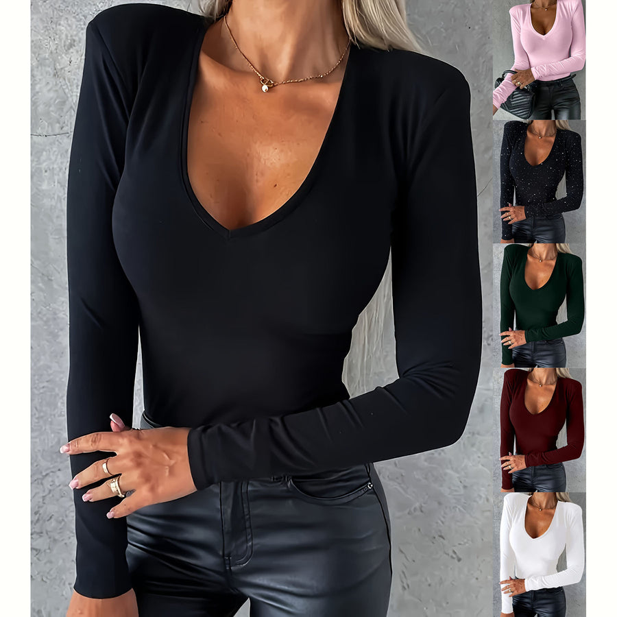 Casual Long-sleeved V-neck Tight Bottoming T-shirt