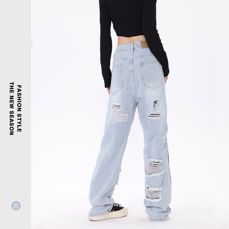 American Street Retro Tattered Jeans Washed Jeans