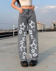 Five Pointed Star Printing Used Washed Jeans