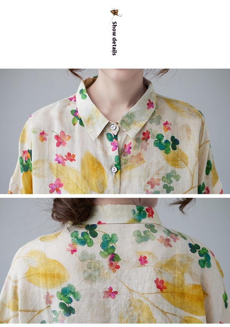 Women's Loose Retro Western Style Elegant Floral Cotton And Linen Shirt