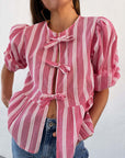 Striped Women's Top Tether Loose Pleated Shirt