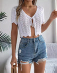 Lace-up Cutout Short-sleeved Knitted Cardigan