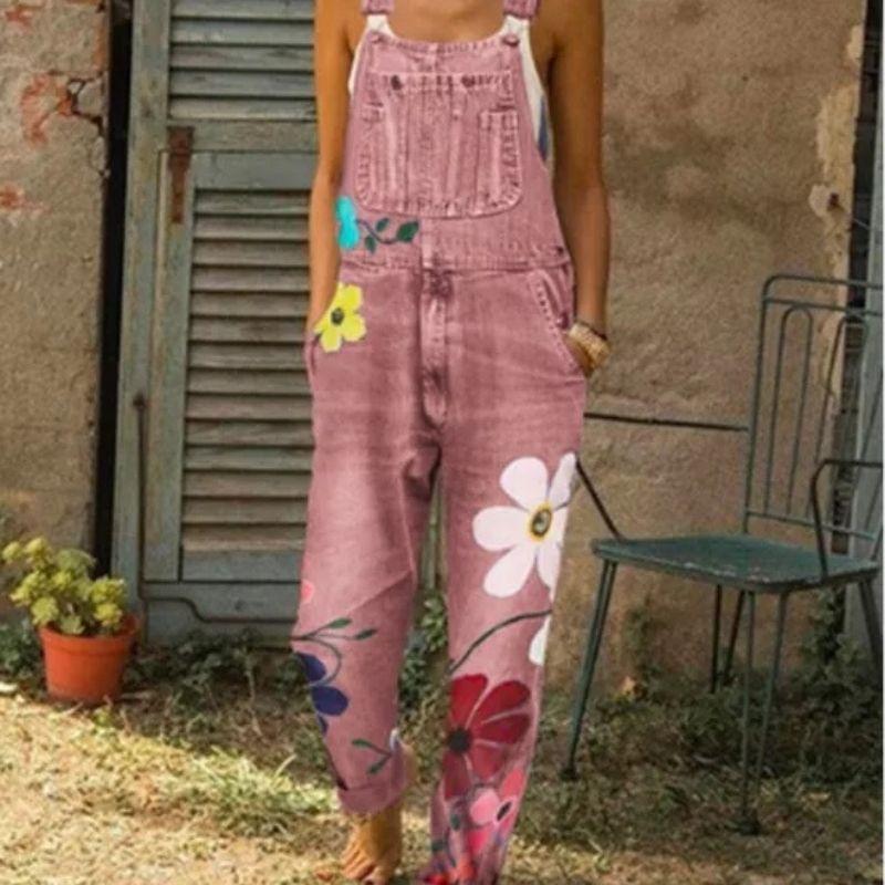 Denim overalls printed washed denim overalls