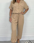 All-matching Solid Color Casual Polo Collar Shirt Wide Leg Jumpsuit For Women