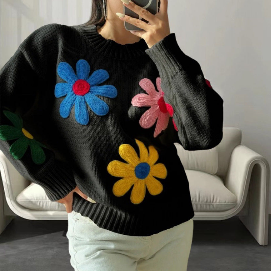 Color Little Flower Embroidery Pullover Sweater