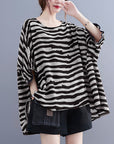 Summer Women's Loose Plus Size Striped Batwing Sleeve T-shirt