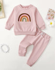 Children's Four-color Towel Embroidery Rainbow Long-sleeved Shirt Fake Drawstring Trousers Two-piece Set