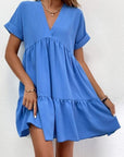 New Short-sleeved V-neck Dress Summer Casual Sweet Ruffled Dresses Solid Color Holiday Beach Dress For Womens Clothing